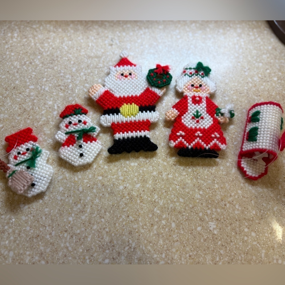 Vintage Christmas Santa,Ms.Claus Snowman Handmade Needle Point Ornaments Set